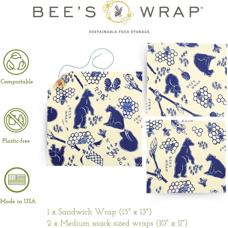 Bee's Wrap Beeswax Wraps for Food - Bees + Bears 3 Pack (2M 1 Sandwich) Made in USA Reusable & Organic Food Wraps, Sandwich Wrap - Eco-Friendly Alternative to Aluminum Foil & Plastic Wrap - Image 2